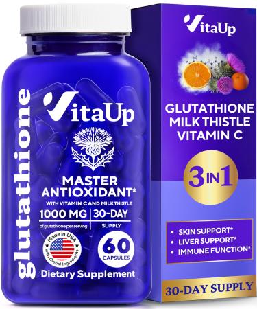 Reduced Glutathione Supplement 1000mg - USA Made Glutathione Capsules with Vitamin C & Milk Thistle for Liver Care Skin Support & Immune Well-Being - 60 Count 60 Count (Pack of 1)