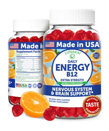 Lunakai USA Made Vegan Energy Gummies Daily Energy Supplements 3000mcg Vitamin B12 Gummies for Women & Men for Home or On The Go Use 60ct Single Bottle
