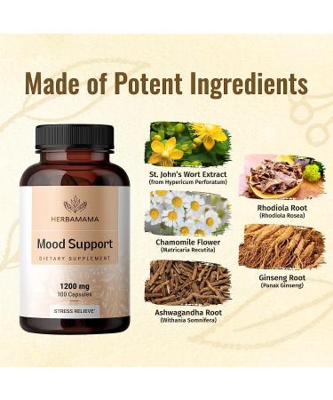 HERBAMAMA Mood Support Capsules with Ashwagandha, Rhodiola & Ginseng - Brain Function & Stress Relief - Vegan - 100 Caps - Buy Online on GoSupps.com