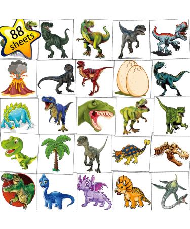 Tazimi 88 Sheets 3D Dinosaur Temporary Tattoos For Kids T-Rex Tattoo Sticker Dinosaur Tattoo Party Decoration DIY Temporary Tattoos Art