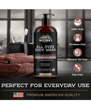 Wilder's Prime Men's Body Wash with Tea Tree Oil, Sandalwood & Vitamin B5 - 3-in-1 Shower Gel for Body, Hair & Face - 32 oz - Made in USA - Buy Online on GoSupps.com