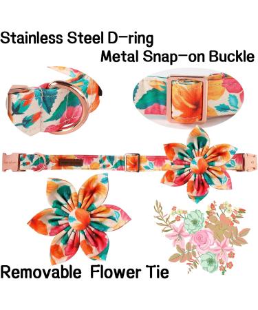 Unique Style Paws Flower Dog Collar | Colorful Adjustable Cotton Collar for Boys & Girls | Metal Buckle | Medium Size for Dogs - Orange & Pink Flowers - Buy Online on GoSupps.com