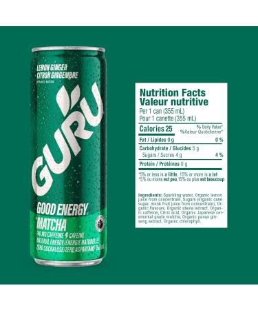 GURU Matcha Organic Energy Drinks Clean Energy Drink with Plant Based Natural Caffeine from Green Tea Low Calorie Gluten Free 140mg Caffeine Healthy Drinks Lemon Ginger 355mL (Pack of 24) - Buy Online on GoSupps.com