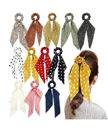 Cinaci 12 Pack Stretchy Hair Scrunchies with Long Ribbon Bow Floral Polka Dot Solid Hair Ties Elastics Hairbands Silk Chiffon Ponytail Holders Rubber Bands Accessories for Women Girls - Buy Online on GoSupps.com