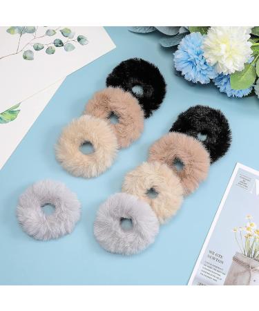8-Piece Furry Faux Rabbit Fur Hair Scrunchies Set - Dark Color | Elastic Hair Bands for Women and Girls - Buy Online on GoSupps.com