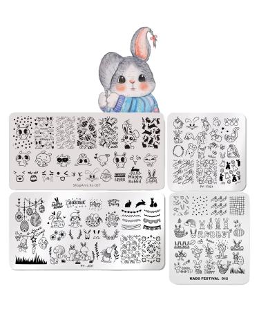 Easter 4Pcs Nail Art Stamping Plates Cute Bunny Pattern Designs Nail Stamp Templates Kit DIY Stainless Steel Easter Eggs Nail Image Polish Template Kit Manicure Stencils Tools for Women