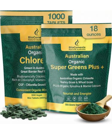 Biogenesis Ultimate Greens Stack | Organic Chlorella Tablets (1000 Count) & SuperGreens Powder (500g) | High Chlorophyll Australian Superfoods | Supports Natural Energy Immunity & Digestion | Vegan
