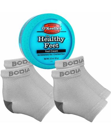 Dry Cracked Heels Repair Bundle with Open Toe Moisturizing Silicone Gel Heel Socks (2 Pairs, Gray) and OKeeffes Healthy Feet Cream Jar for Home Foot Skin Care