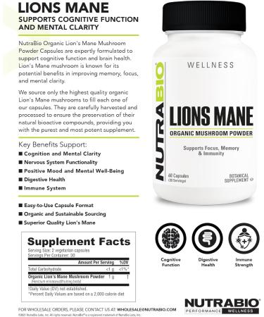 NutraBio Lions Mane Supplement Capsules- Organic Lion's Mane Mushroom Powder (500mg)- Focus Memory Immunity - 60 Vegetable Capsules 60 Count (Pack of 1) - Buy Online on GoSupps.com
