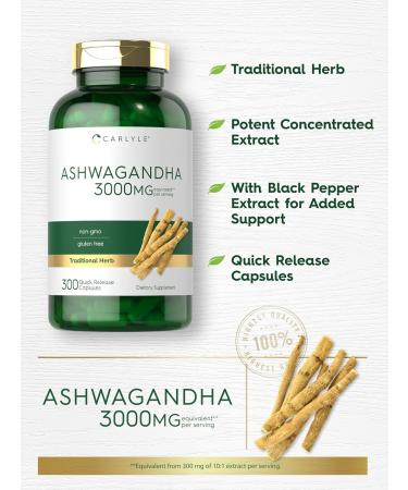 Carlyle Ashwagandha Supplement for Women and Men | 300 Capsules | Herb Root Extract with Black Pepper | Non-GMO and Gluten Free 300 Count (Pack of 1) - Buy Online on GoSupps.com