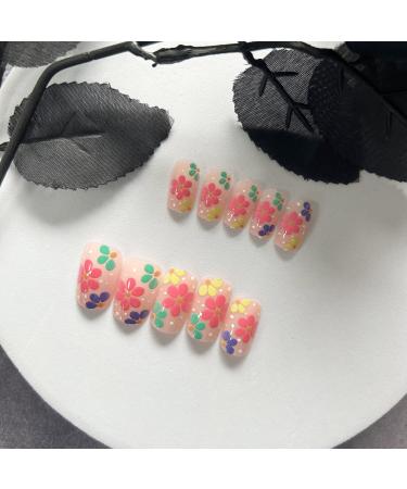 24Pcs Short French Press on Nails - Nude Pink Acrylic Square False Nails with Flower Designs for Women and Girls - Buy Online on GoSupps.com