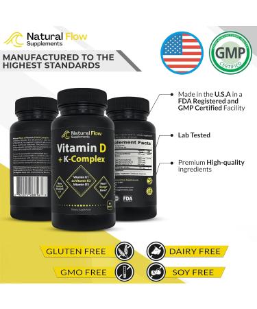 Vitamin D3 with K2 and K1 Supplement - Natural Flow Vitamin D3 and K Complex D3 5000iu with Vitamin K2 MK4 + MK7 and K1 for Bone Heart and Immune Support - 60 Capsules - Buy Online on GoSupps.com