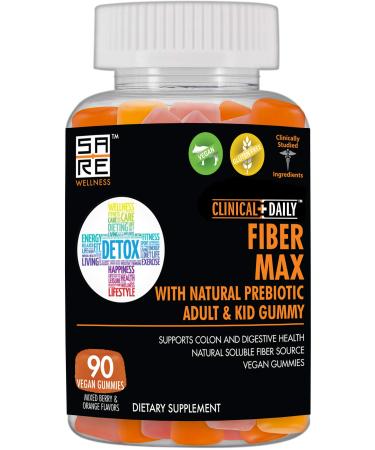 CLINICAL DAILY Fiber Max, Vegan High Fiber Gummies for Adults & Kids. Constipation Relief for Adults and Kids. Prebiotic Inulin Fiber Supplement Gummies. 90 Gluten-Free Laxative Gummies for Gut Repair