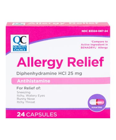 Quality Choice Multi-Symptom Allergy Relief Capsules. Antihistamine Diphenhydramine HCl 25mg Formula for Relief from Sneezing Runny Nose Itchy Eyes & Throat 24 Tablet Count.