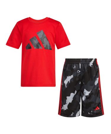 adidas Boys Short Sleeve Poly Tee & Camo All Over Print Short Set 7 Better Scarlet