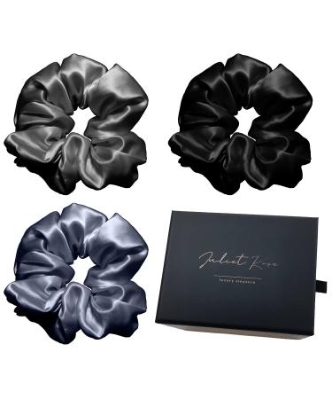 JULIET ROSE | Luxury Mulberry Silk Scrunchies | Premium Hand Crafted | Large - Extra Large | Pack of 3 | 100% Pure 22-Momme 6A Mulberry Hair Ties | Stylish Package | No Crease | No Damage | Hair Sleep (Gray - Black - Lak...