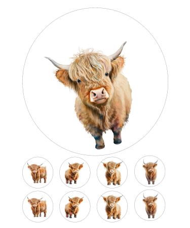 edible Highland Cow Birthday kids childrens party decorations style Round 7.5 inch party decoration Topper on Icing/Fondant/Frosting Sheet