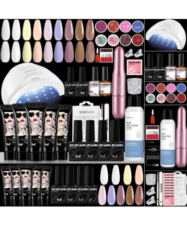 Morovan Poly Gel Nail Kit with Drill and Lamp - Professional Nail Extension Gel for Beginners Poly Nail Gel Kit with Everything Poly Gel Kits with Other Basic Poly Gel Nail Art Tools Nail Art Starter Supplies Pink