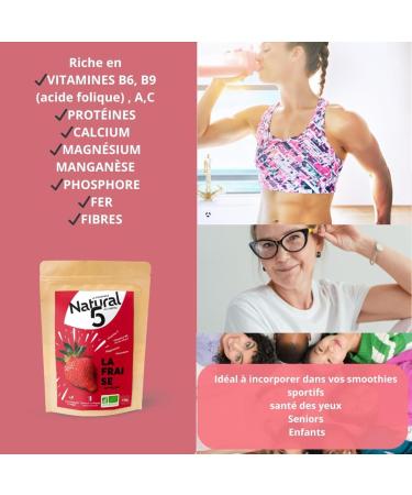 NATURAL5 - Poudre Compl ment Alimentaire Fraise Bio 120g - Vitamine C Magn sium & Fibres - Immunit & Digestion - Vegan Sans Sucre 0 Additifs - Bio FR & Fabriqu en France - Sachet 120g - Buy Online on GoSupps.com
