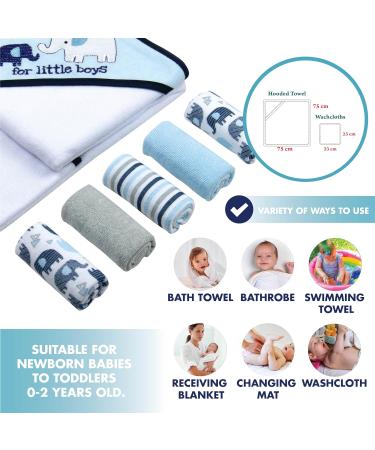 Mother's Choice Hooded Baby Towel with 5 Face Cloths | Cotton Rich Absorbent Bath Towel for Newborn | 75x75cm Elephant Design - Buy Online on GoSupps.com