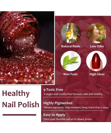 Glitter Nail Polish Wine Red Glitter Nail Varnish Long Lasting Chip Resistant & Quick Drying Nail Polish Gel for Women Girls Christmas DIY Nail Art at Home 10ML (Wine Red Glitter) - Buy Online on GoSupps.com