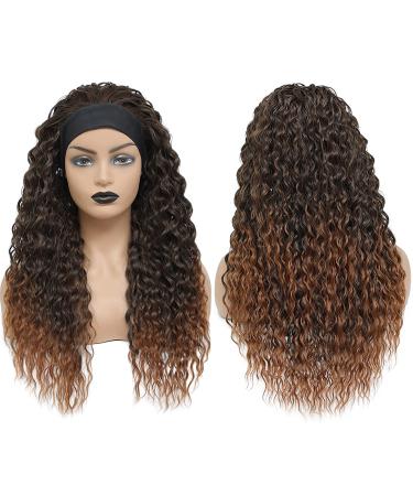 Ombre Brown Water Wave Headband Wig 26 Inch | Synthetic Glueless Half Wig with Headbands | 180% Density Curly Wigs for Black Women | Natural Daily Wear - T30-16 - Buy Online on GoSupps.com