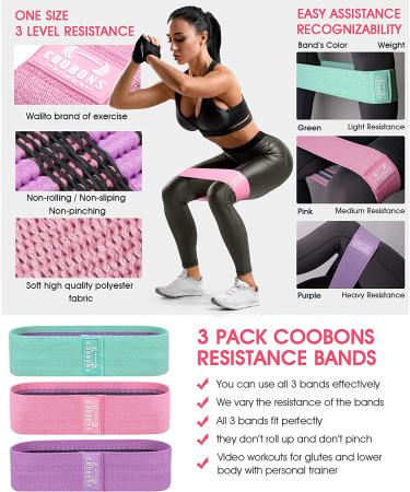 Booty & Legs Resistance Bands Set - Anti-Slip Fabric Stretch Bands for Women/Men - 3 Levels Green/Pink/Purple - Buy Online on GoSupps.com