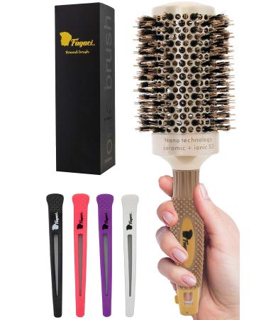 Fagaci Professional Large Round Brush for Blow Drying with Natural Boar Bristle  Round Hair Brush Nano Technology Ceramic+ Ionic for Hair Styling  Drying  Healthy Hair and Add Volume + 4 Styling Clips 53mm - 2 Inch (3.3 ...