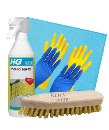 KinnyHome Bathroom Cleaning Kit with HG Mould Spray 500ml - Mould and Mildew Remover Bundle Includes Scrubbing Brush Microfiber Cloth Gloves