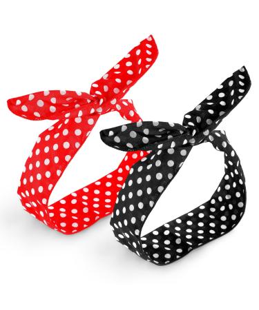 Prasacco 2 Pieces Polka Dot Headbands for Girls Women Retro Bandana Headbands Cute Polka Dots Bow Headwrap Hair Accessories for Women and Girls(Red+Black)