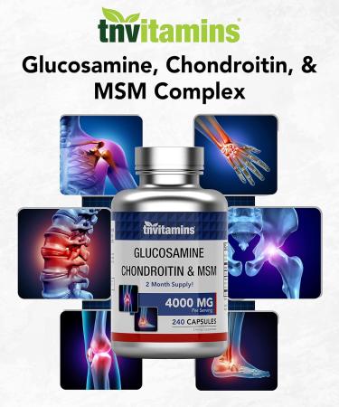 tnvitamins Glucosamine Chondroitin MSM Capsules 240 Count | 4 000 mg Per Serving | 2 000 mg Glucosamine Sulfate 2KCl + 2 000 mg MSM & Chondroitin Blend | Joint Support Supplement - Buy Online on GoSupps.com