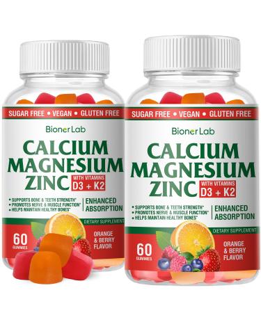 BionerLab Calcium Magnesium Zinc Gummies with Vitamin D3 & K2 - High Potency Enhanced Absorption - Orange and Berry Flavored 60 Count (Pack of 2)