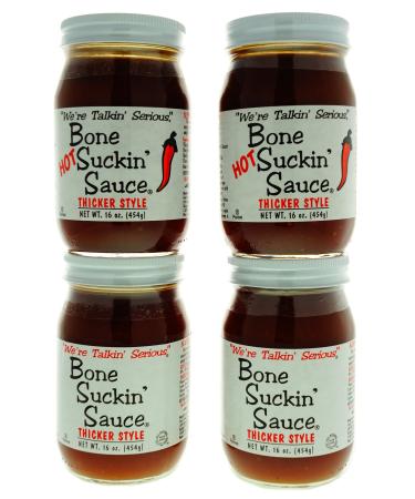 Bone Suckin' Suckin' 4-pack of sauces: 2 x hot/sharp style (454g per glass) + 2 x classic/non-sharp style (454g per glass)