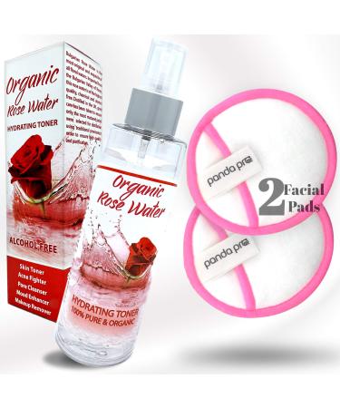 AL HOOR Organic Rose Water Face Toner Mist Spray (150ml) for Soothing Irritation Firming and Balancing Oily Skin + Two Premium Reusable Bamboo Cotton Pad - Alcohol Free Non-GMO Vegan Cruelty Free