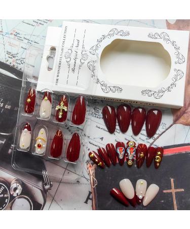 Shop Medium Press on Nails - Almond Acrylic Nails with Gold Burgundy French Tips & 3D Charms - Perfect Glue on Nails for Women - Buy Online on GoSupps.com