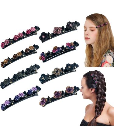 yohica Satin Fabric Hair Bands Four-Leaf Clover Chopped Hairpin Duckbill Clip Braided Hair Clip with Rhinestones for Women Sparkling Crystal Stone Braided Hair Clips-8pcs Multi-colored-8pcs-1