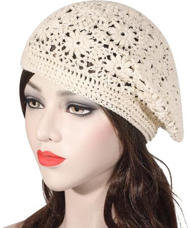 ZLYC Handmade Cotton Slouchy Crochet Beret with Cutout Floral Design - Plain Beige Women's Beanie Hat - Buy Online on GoSupps.com