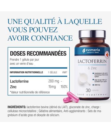 EVIMERIA Pure Lactoferrin & Zinc | Strengthens Immune System | Immune Defense Supplements | Natural Antioxidant | Plus Capsules 200mg | One Month Treatment | Made in Italy - Buy Online on GoSupps.com