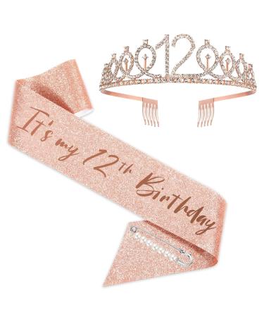 12th Birthday Sash and Tiara Set Rose Gold Birthday Sash Crown Birthday Party Favors Supplies for Girls Birthday Party