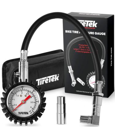 TireTek Mountain Bike Presta Tire Pressure Gauge, 60 PSI w/Interchangeable Presta Valve & Schrader Valve Air, Easy to Read Glow Dial Bike Tire Gauge w/Storage Pouch for Any Mountain Bike Accessories