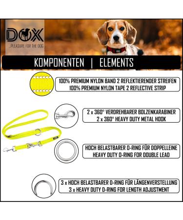 DDOXX Reflective Nylon Dog Leash | 2m 3-Way Adjustable for All Dog Sizes - M Yellow | Durable & Safe Dog Walking Gear - Buy Online on GoSupps.com