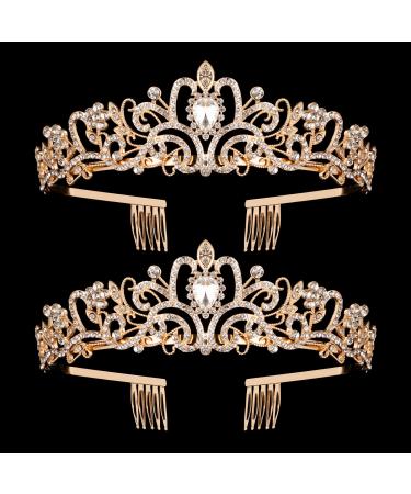 2 Pack Gold Crystal Crowns Tiara for Women, Girls Elegant Princess Rhinestone Crown with Combs, Bridal Wedding Headbands Prom Birthday Party Halloween Hair Accessories Jewelry Gifts for Women Girls 2Pcs Gold Crown 2PCS