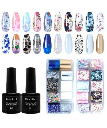 Warm Girl Nail Foil Art with Foil Glue Gel Set 2Pcs Nail Foil Glue 20 Rolls Different Theme Nail Art Transfer Stickers Nail Art DIY Decoration 31