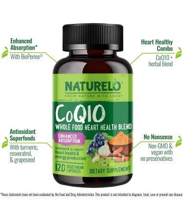 NATURELO Whole Food CoQ10 Supplement 120 Veg Capsules Heart Health Blend Powerful Antioxidant CoQ10 100mg Supports Energy Production CoQ10 Capsules 120 Count (Pack of 1) - Buy Online on GoSupps.com