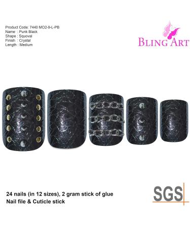 Buy False Nails Bling Art Black Punk French Squoval - 24 Medium Acrylic Tips for Stunning Nail Art - International Shipping Available - Buy Online on GoSupps.com