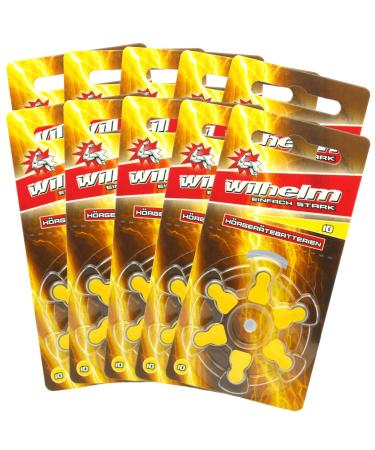 60 x WILHELM hearing aid batteries type 10 yellow Hearing aid battery PR70 ZL4 1.4/1.45 V 60 batteries type 10 - yellow