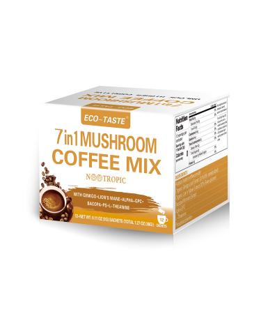 Mushroom Coffee Mix 7 in 1, with Ginkgo, Lions Mane, Alpha-GPC, Bacopa, PS, L-Theanine  12 Sachets