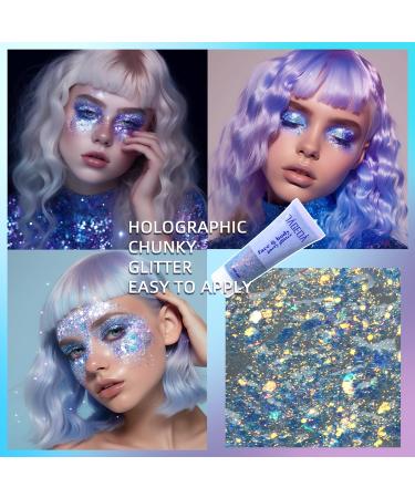 Prreal Body Glitter Gel 50ml | Holographic Face & Nail Sequins for Festival Makeup | Chunky Shimmer Eyeshadow in Blue Purple - Buy Online on GoSupps.com