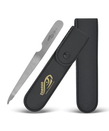 ZAMAHA UK Single Piece Stainless Steel Premium Metal Nail File Packed in PU Leather - Durable Reusable Dual Sided Nail Care Accessories - Ergonomic Handle (Black Pouch)