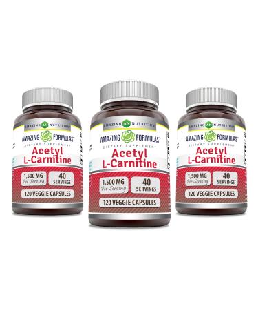 Amazing Formulas Acetyl L-Carnitine 1500 Mg Per Serving Veggie Capsules Supplement | Non-GMO | Gluten Free | Made in USA | Suitable for Vegetarians (120 Count) | Pack of 3